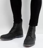 Asos Lace Up Boots In Black Leather With Ribbed Sole - Black