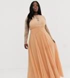 Asos Design Curve Long Sleeve Lace Paneled Pleat Maxi Dress-orange