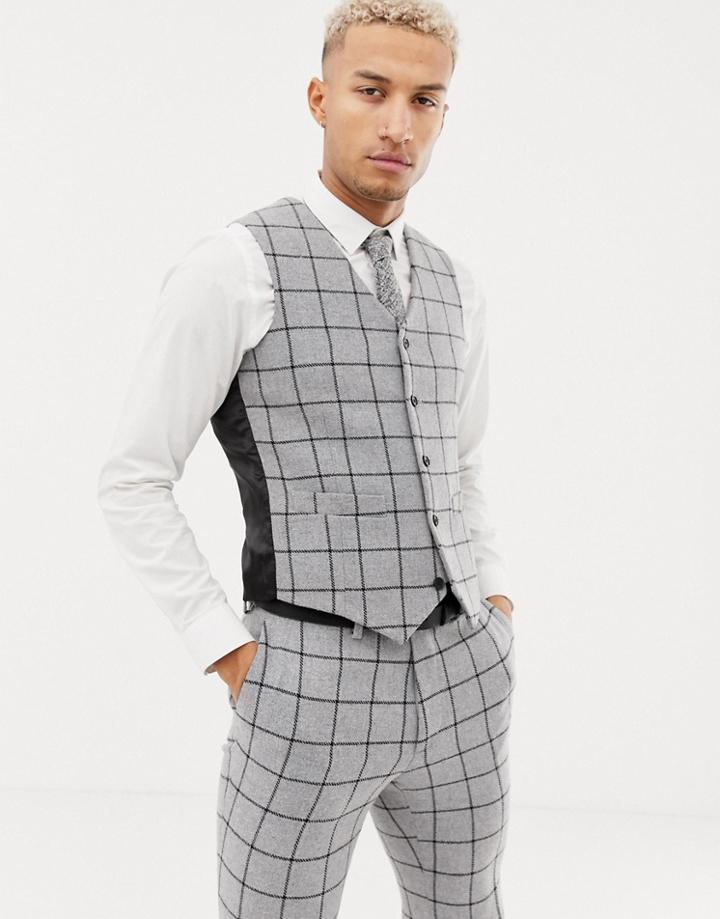 Asos Design Skinny Suit Vest In Gray Wool Mix Windowpane Check