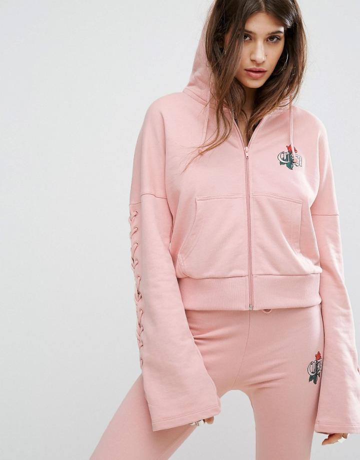 Criminal Damage Lace Up Zip Front Hoodie - Pink
