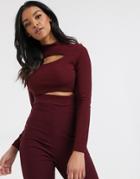 Missguided Two-piece Rib Cut Out Crop Top In Burgundy-red