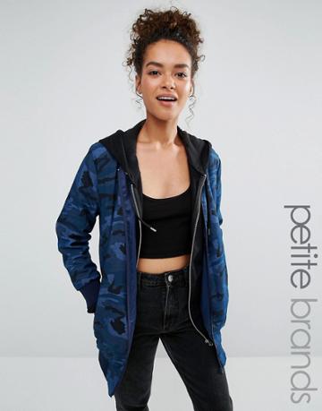 Liquor & Poker Petite Longline Bomber Jacket In Camo Print - Blue
