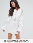 John Zack Petite Ruffle Front Detail Romper With Lace Sleeve - White