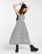 Topshop Cotton Poplin Shirring Pinny Dress In Spot In Mono - Multi