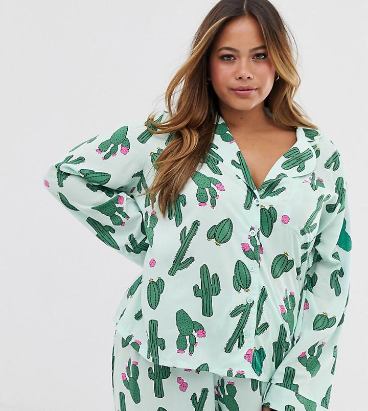 Asos Design Curve Exclusive Mix & Match Cactus Shirt In 100% Modal - Multi