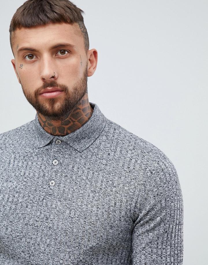 Asos Design Long Sleeve Polo Shirt In Heavy Rib - Gray