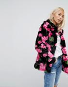 Jakke Mid Length Faux Fur Coat In Floral Print - Multi