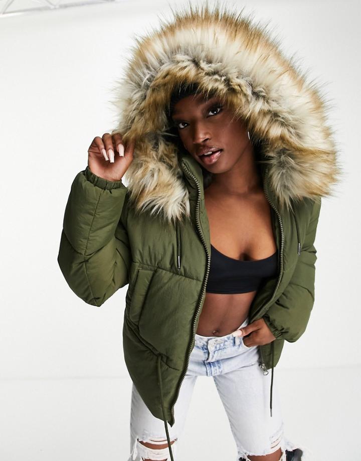 Topshop Tie Waist Padded Jacket With Faux Fur Hood In Khaki-green