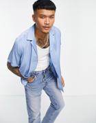 Asos Design Relaxed Deep Revere Satin Shirt In Blue-blues