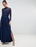 Club L High Neck Crochet Lace Maxi Dress With Long Sleeves-navy