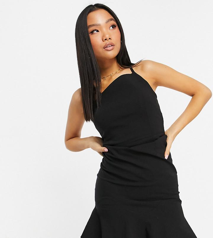 Vesper Petite One Shoulder Midi Dress With Ruffle Hem In Black