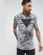 Asos Longline Muscle T-shirt With Splatter Wash & Triangle Print With Curved Hem - Gray