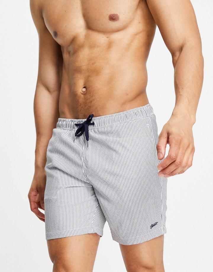 Pull & Bear Swim Shorts In Navy Seersucker Stripe
