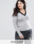Asos Curve Sweater In Rib With Contrast V Neck - Gray