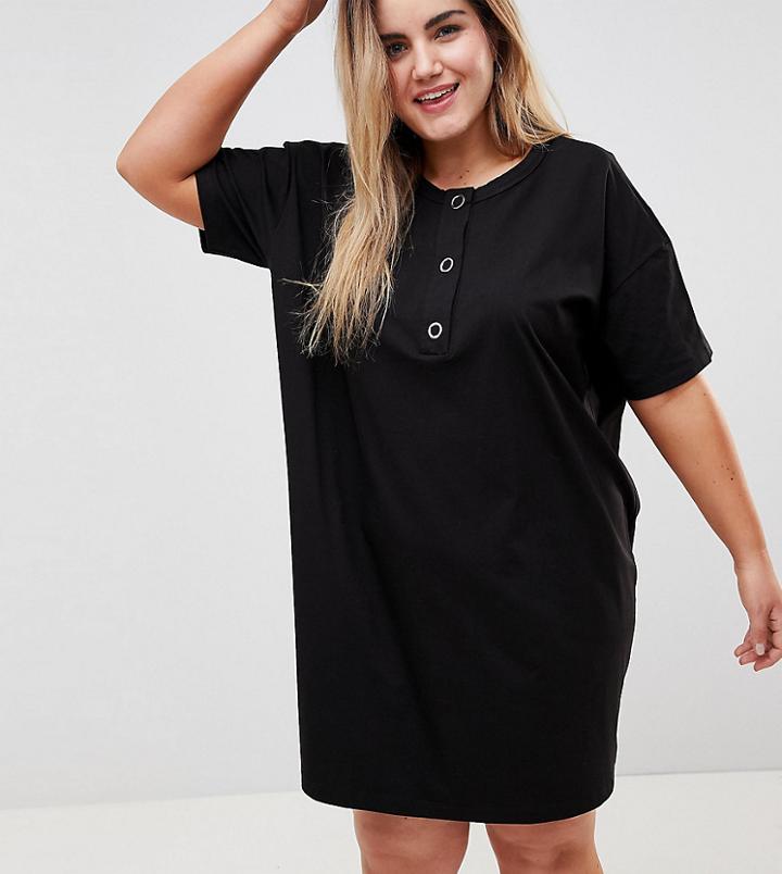 Asos Design Curve Super Oversized T-shirt Dress With Popper Placket - Black