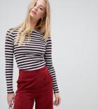 Warehouse Ribbed Long Sleeve Top In Stripe - Red