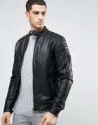 Solid Leather Biker Jacket With Quilting - Black
