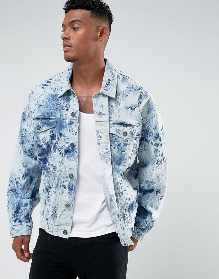 Asos Oversized Denim Jacket In Tie Dye - Blue