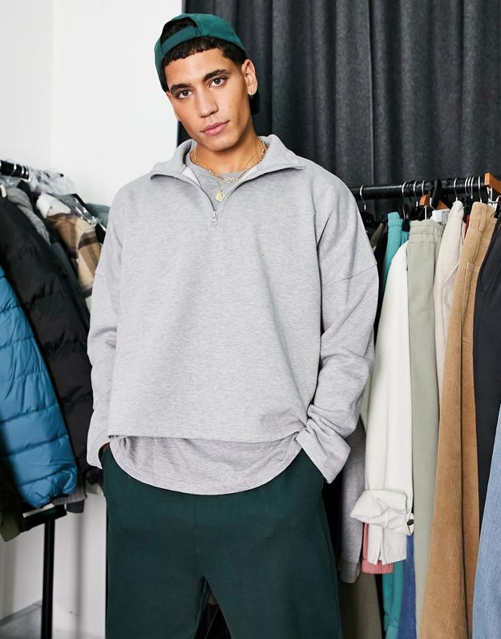 Asos Design Oversized Boxy Half Zip Sweatshirt In Gray Heather-grey