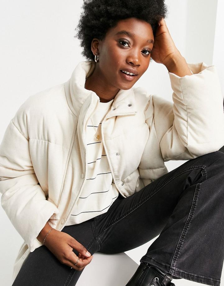 Asos Design Washed Linen Puffer Jacket In Cream-white