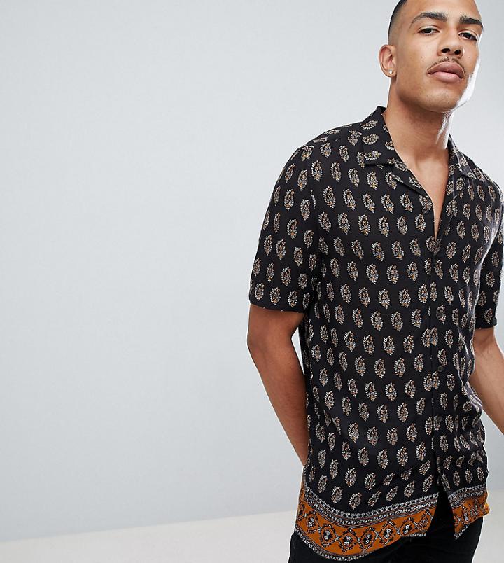 Asos Design Tall Regular Fit Paisley Shirt With Border Hem In Black - Black