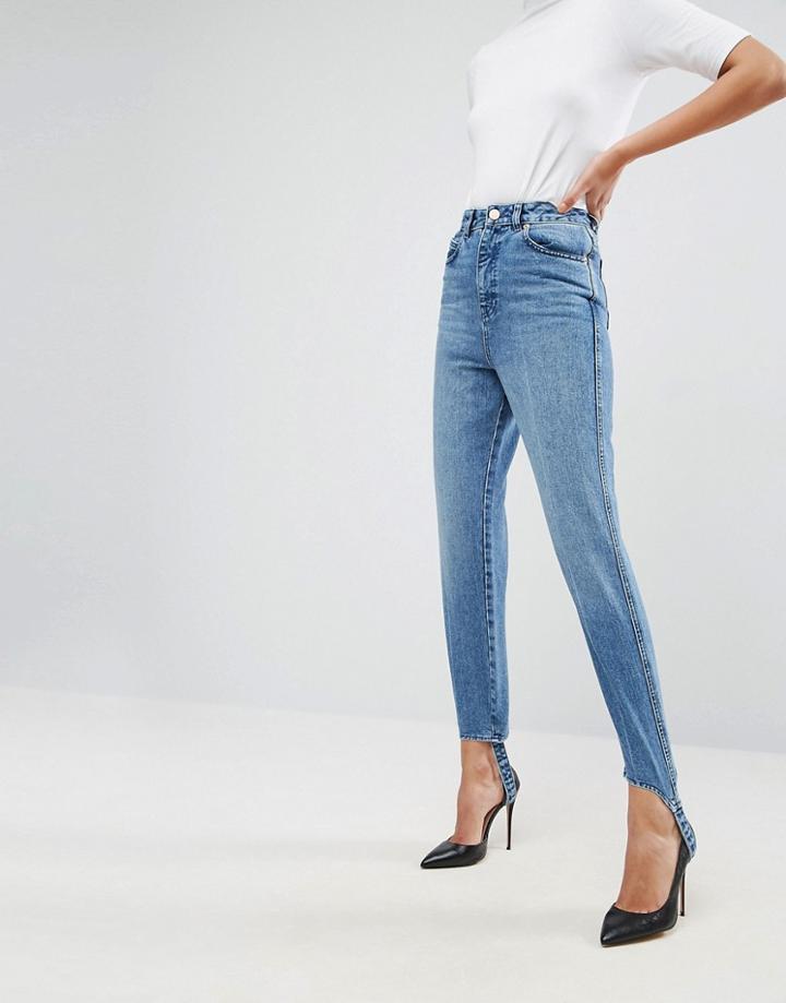 Asos Authentic Rigid Mom Jeans In Mid Wash With Stirrup Hem - Blue