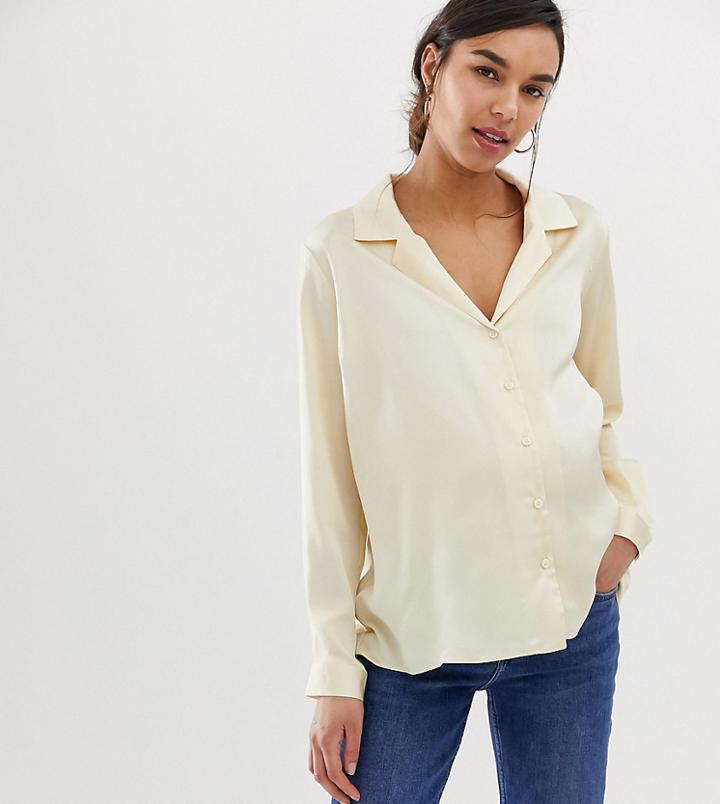 Asos Design Maternity Relaxed Satin Long Sleeve Shirt-cream