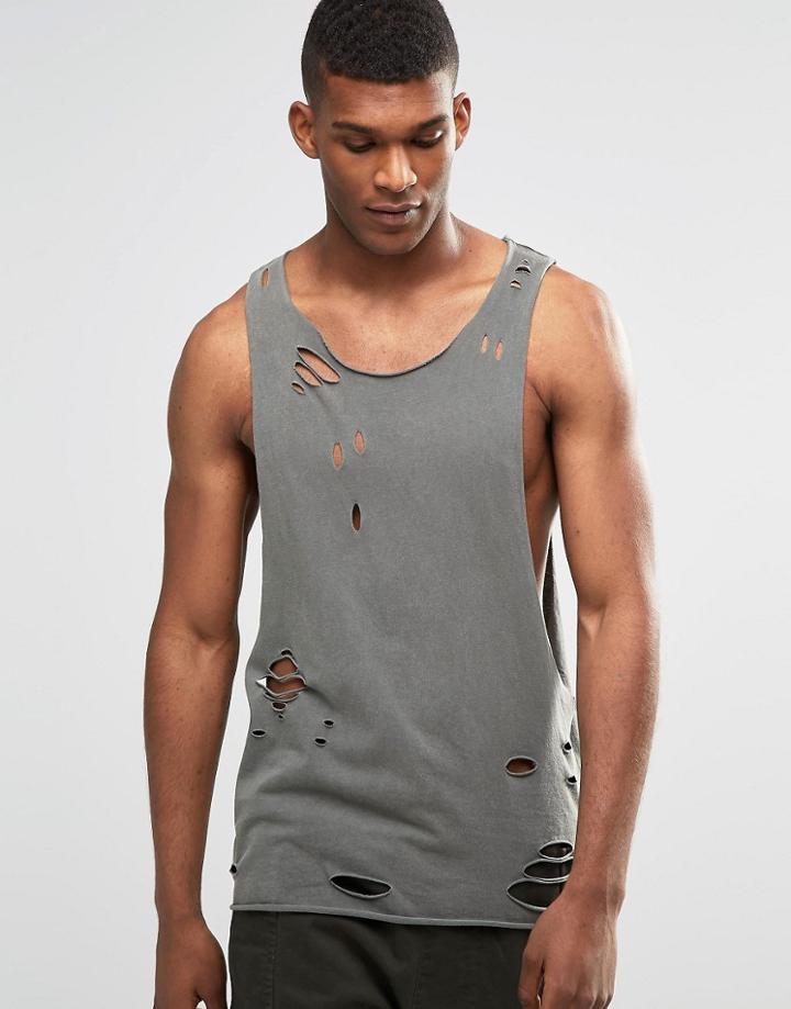 Asos Sleeveless T-shirt With Distressed Acid Wash And Extreme Dropped Armhole In Khaki - Khaki