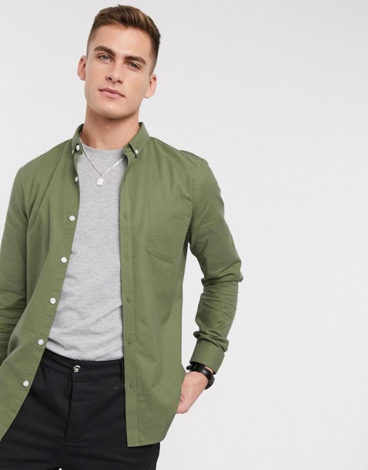New Look Smart Long Sleeve Organic Cotton Oxford Shirt In Khaki-green