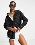 Vila Long Sleeve Button Down Shirt In Black Print