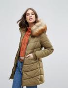 Only Sanna Long Quilted Coat With Faux Fur Trim - Green