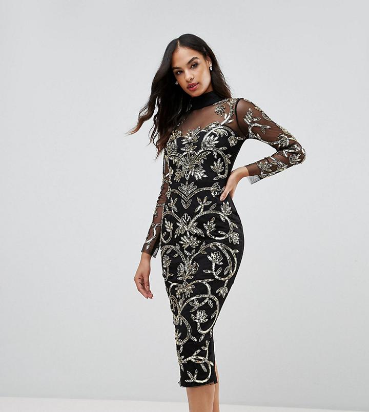 Lipsy High Neck Sequin Midi Dress With Baroque Pattern - Black