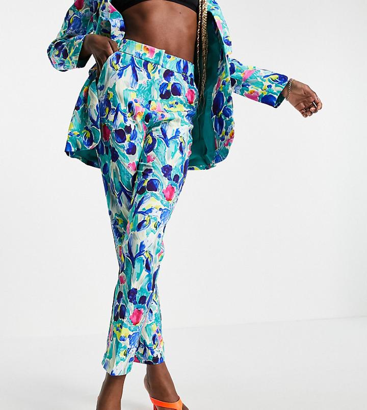 Liquorish Tall Pant In Blue Floral Print - Part Of A Set-multi