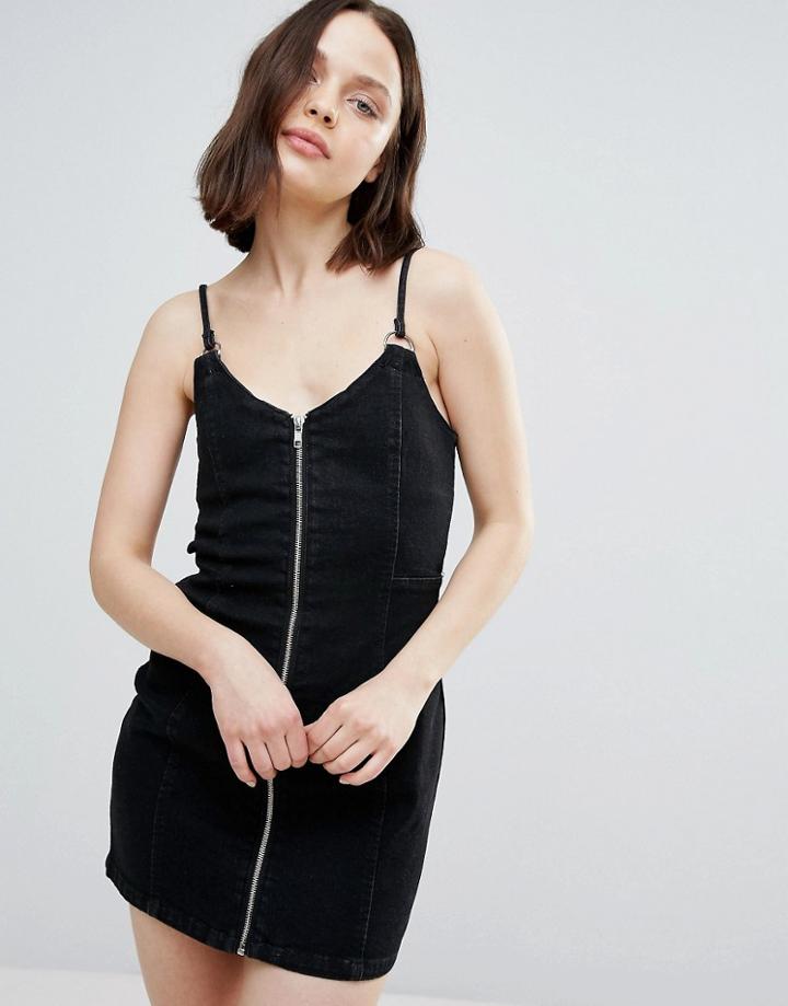 Twin Subtract Zip Front Denim Dress - Black
