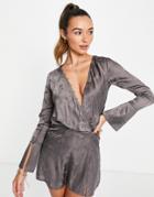 Asos Design Bias Cut Drape Mini Dress With Button Detail In Floral Jacquard-grey