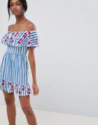 Asos Design Stripe Mini Bandeau Sundress With Cherry Embroidery - Multi