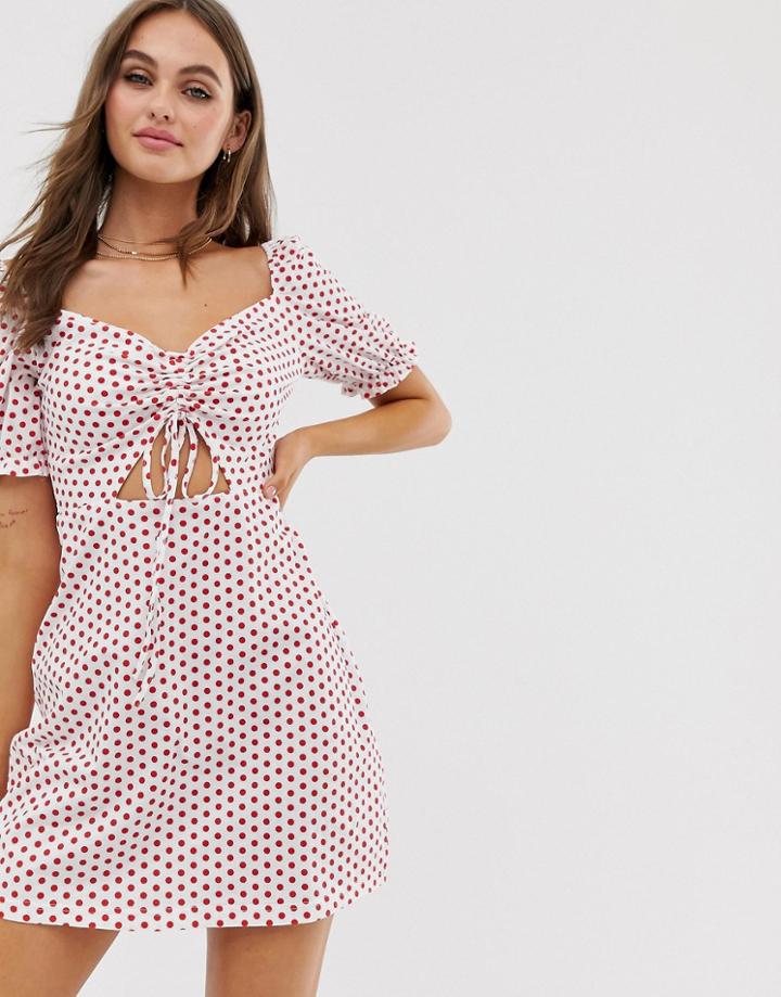 Glamorous Tie Front Mini Dress With Puff Sleeves Iin Spot-white