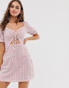 Glamorous Tie Front Mini Dress With Puff Sleeves Iin Spot-white