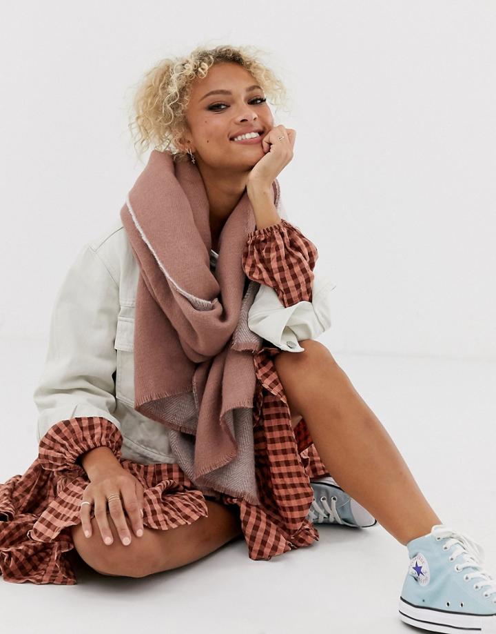Asos Design Long Oversized Herringbone Reversible Scarf In Pink & White