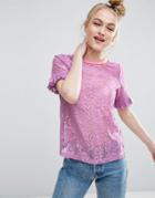 Asos T-shirt In Lace With Ruffle Sleeve And Stripe Tipping - Purple
