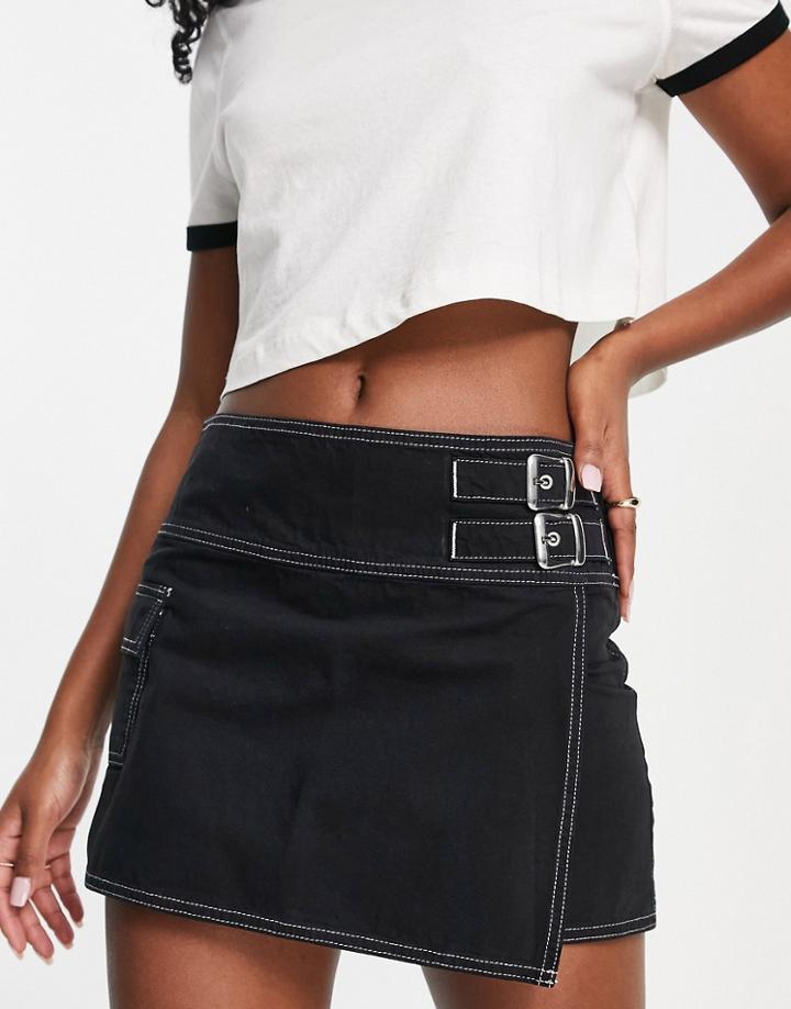 Asos Design Casual Wrap Skirt With Buckles In Washed Black-white