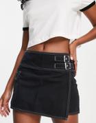 Asos Design Casual Wrap Skirt With Buckles In Washed Black-white