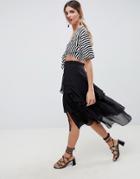 Asos Design Asymmetric Ruffle High Low Midi Skirt - Black