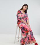 Lost Ink Plus Maxi Kimono Sleeve Maxi Dress In Oversized Floral Print - Pink