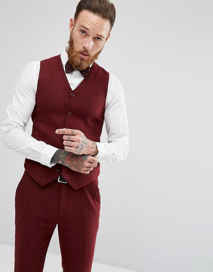 Asos Wedding Super Skinny Suit Vest In Wine Herringbone - Red