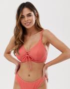 Pour Moi Fuller Bust Escape Underwired Rib Lace Up Bikini Top In Coral-pink