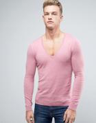 Asos Extreme V Neck Sweater In Muscle Fit - Pink