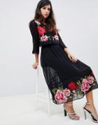 Asos Design Double Layer Midi Embroidered Dress With Long Sleeves - Black