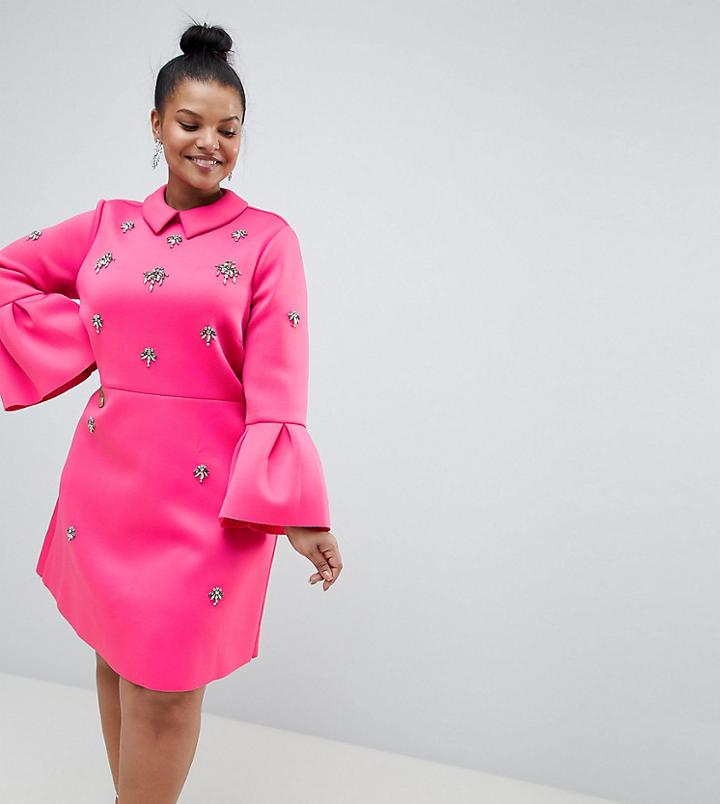 Asos Design Curve Scuba Embellished A-line Mini Dress - Pink