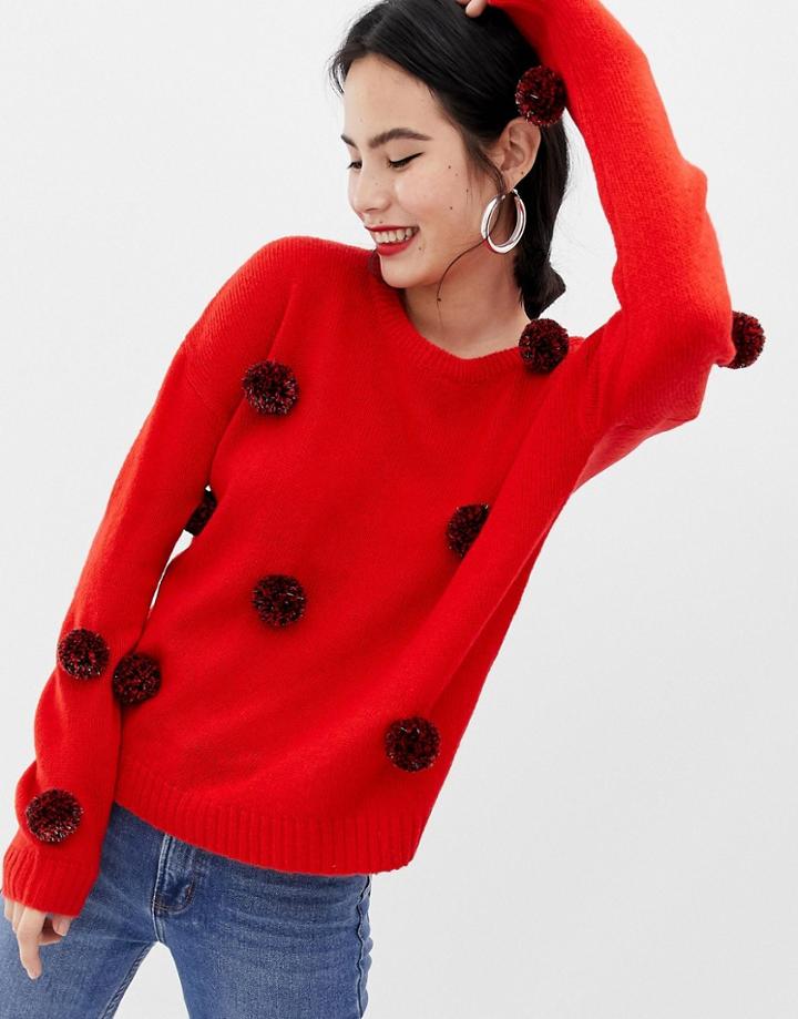 Brave Soul Sweater With Tinsel Pom Poms - Red